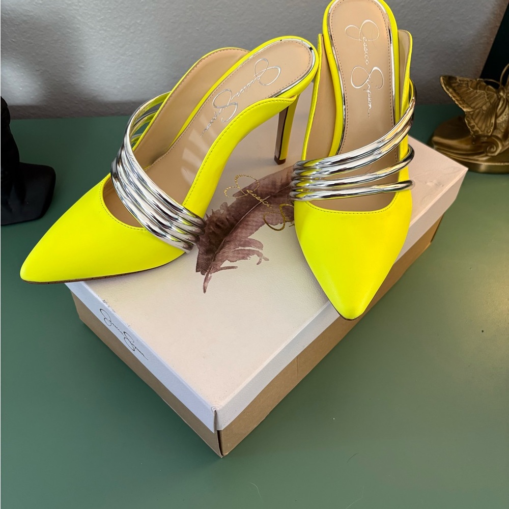 Jessica Simpson Neon Yellow Pointed Toe Mules with Silver Straps